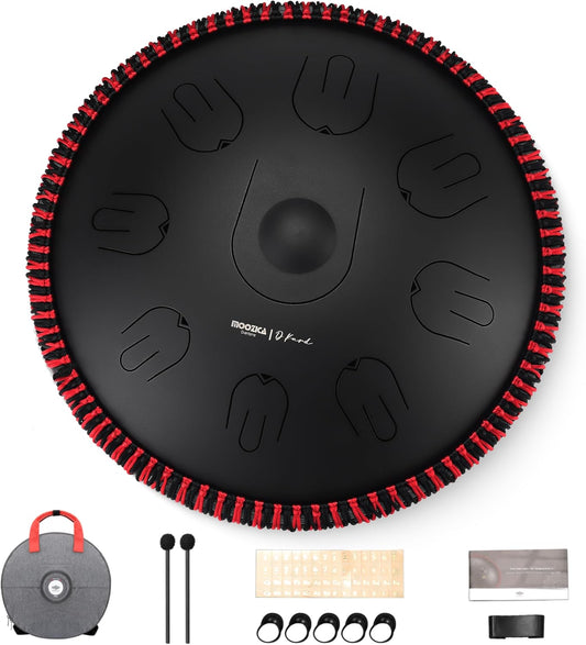 MOOZICA Tongtrommel, 35,5 cm, 17 noten in D-Moll, stalen handpan, tongtrommel met octaaf-boventoon-design, slaginstrument met draagtas (D Kurd, zwart)