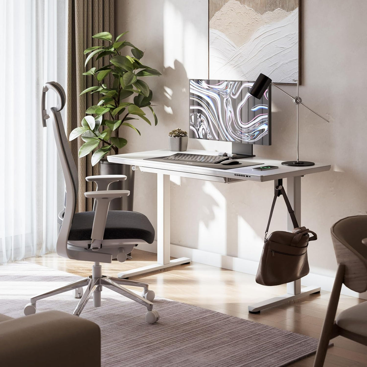 MARK ADLER Leader 8.5 | Electric Desk Height Adjustable | Matte Glass Plate | USB-C & Wireless Charging Function | Memory Function | Drawer | 120 x 60 cm | White - QUORE