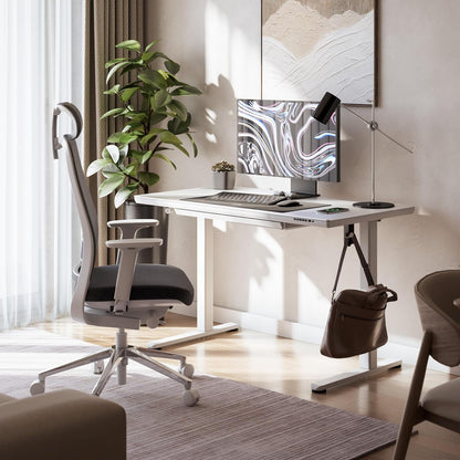 MARK ADLER Leader 8.5 | Electric Desk Height Adjustable | Matte Glass Plate | USB-C & Wireless Charging Function | Memory Function | Drawer | 120 x 60 cm | White - QUORE