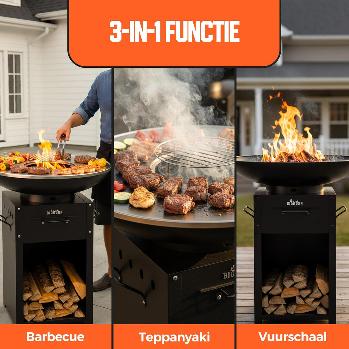 Big Horn Outdoors Plancha Grill Fire Bowl with 60 cm Stainless Steel Teppanyaki and BBQ Grill Plate, Outdoor Kitchen for Garden Party, Camping Outdoor Cooking - QUORE