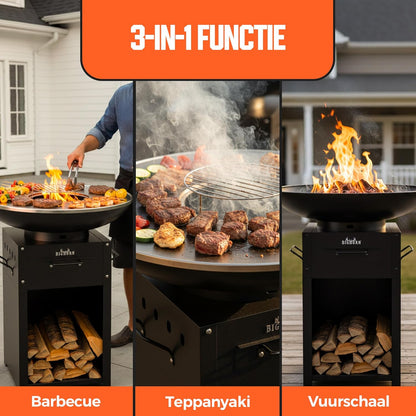 Big Horn Outdoors Plancha Grill Fire Bowl with 60 cm Stainless Steel Teppanyaki and BBQ Grill Plate, Outdoor Kitchen for Garden Party, Camping Outdoor Cooking - QUORE