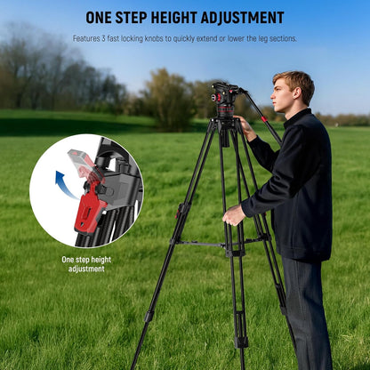 NEEWER 78 inch videocamera statief koolstofvezel met demping verstelbare vloeistofkop, één stap snelontgrendeling, QR-plaat/handgreep/reinigingsdoek, zwaar belastbare statiefstandaard voor