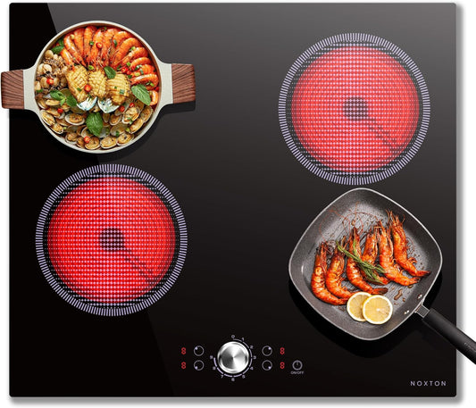 Noxton Elektrische kookplaat met 4 branders, 60 cm, keramische kookplaat, 6000 W, plaat met handgrepen, 9 boosterfuncties voor keuken, Touch Controls, timer