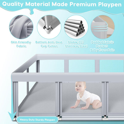 188cm×50" Large Baby Playpen Baby Playground for Babies and Toddlers, Baby Fence Play Pins for Indoor & Outdoor, Sturdy Safety Playground with Soft Breathable Mesh, Anti-Fall, Grey - QUORE