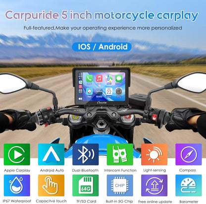 Carpuride W502B Pro voor B.M W Motorfiets CarPlay & Android Auto & Dual Bluetooth, 5" Waterdicht GPS Navigatiescherm voor Motorfiets, Muziek Delen, Intercom, EQ, Lichtsensor, Kompas, Barometer