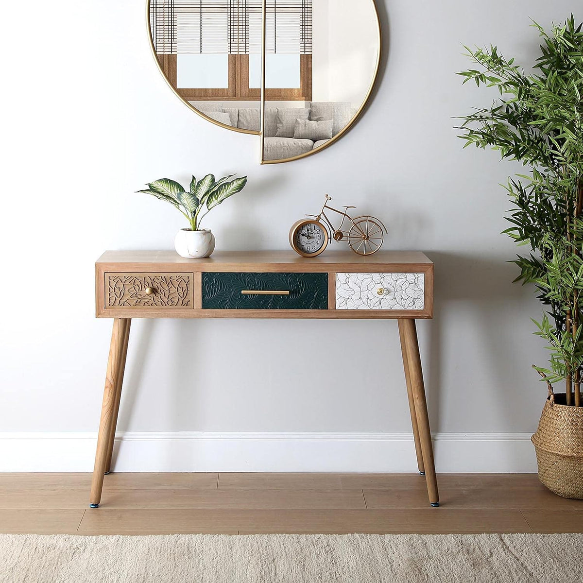Versa Bridge Smalle hal of vestibule Entree hal meubilair, Console Tafel, met 3 lades, Afmetingen (H x B x H) 77 x 30 x 107 cm, Hout, Kleur Wit, Groen en Bruin