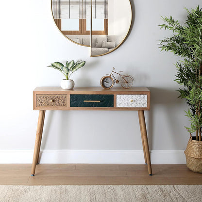 Versa Bridge Smalle hal of vestibule Entree hal meubilair, Console Tafel, met 3 lades, Afmetingen (H x B x H) 77 x 30 x 107 cm, Hout, Kleur Wit, Groen en Bruin