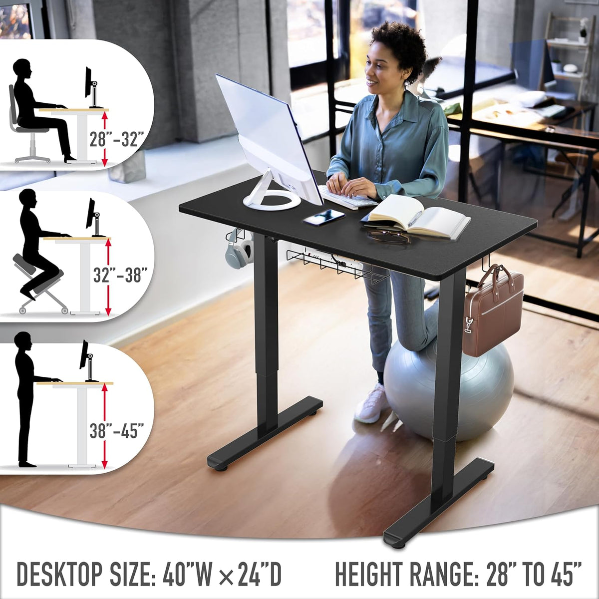 SHW 40" Electric Height Adjustable Standing Desk with Drawer, Preset Memory Tray and Cable Management Tray, Black - QUORE