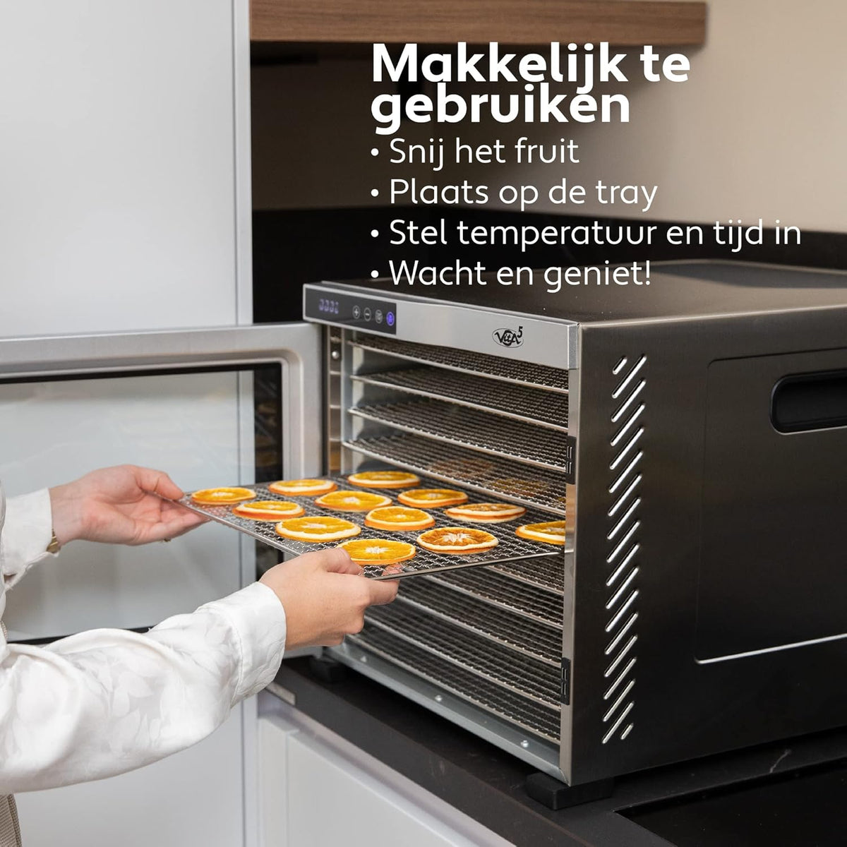 Vita5 Voedseldroger van roestvrij staal met 10 trays - Voedseldroger voor vlees. fruit. groenten en champignons - 24-uurs timer en instelbare temperatuur 35-75°C - 1000W