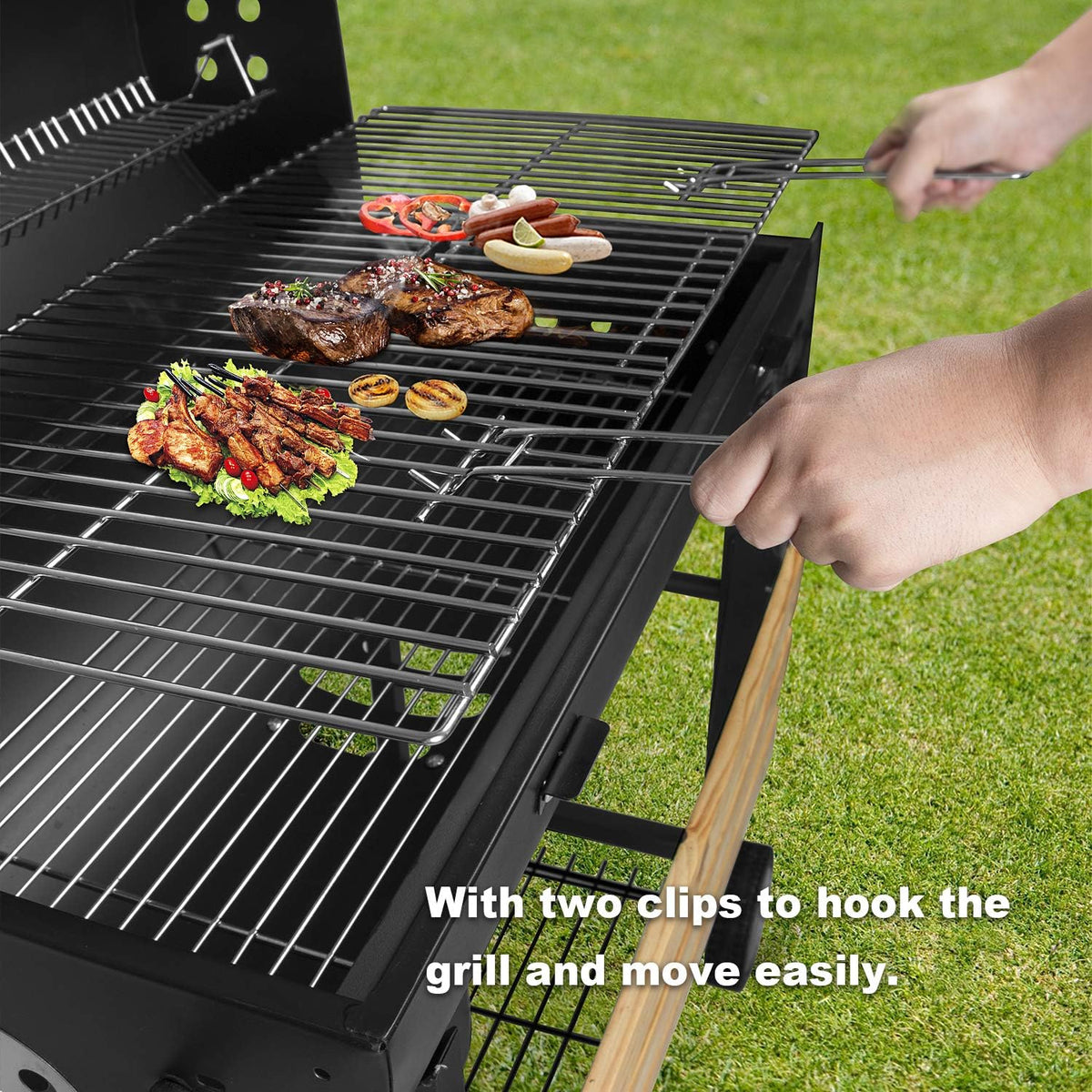 Barbecuewagen, houtskoolgrill, houtskool met wielen, antraciet staande grill, grillhaard incl. geïntegreerde thermometer en ventilatieschuiver, tuingrill, grilloppervlak: 70 x 38,5 cm