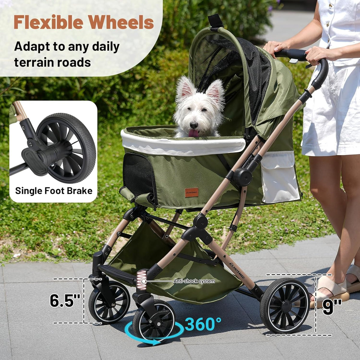 EchoSmile Opvouwbare hondenwagen, hondenbuggy tot 20 kg, voor kleine middelgrote honden en katten, hondenbuggy en kattenwagen met omkeerbare handgreep, schokdemping en afneembaar wasbaar kussen (groen
