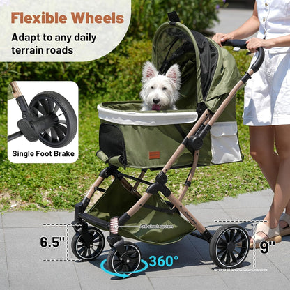EchoSmile Opvouwbare hondenwagen, hondenbuggy tot 20 kg, voor kleine middelgrote honden en katten, hondenbuggy en kattenwagen met omkeerbare handgreep, schokdemping en afneembaar wasbaar kussen (groen