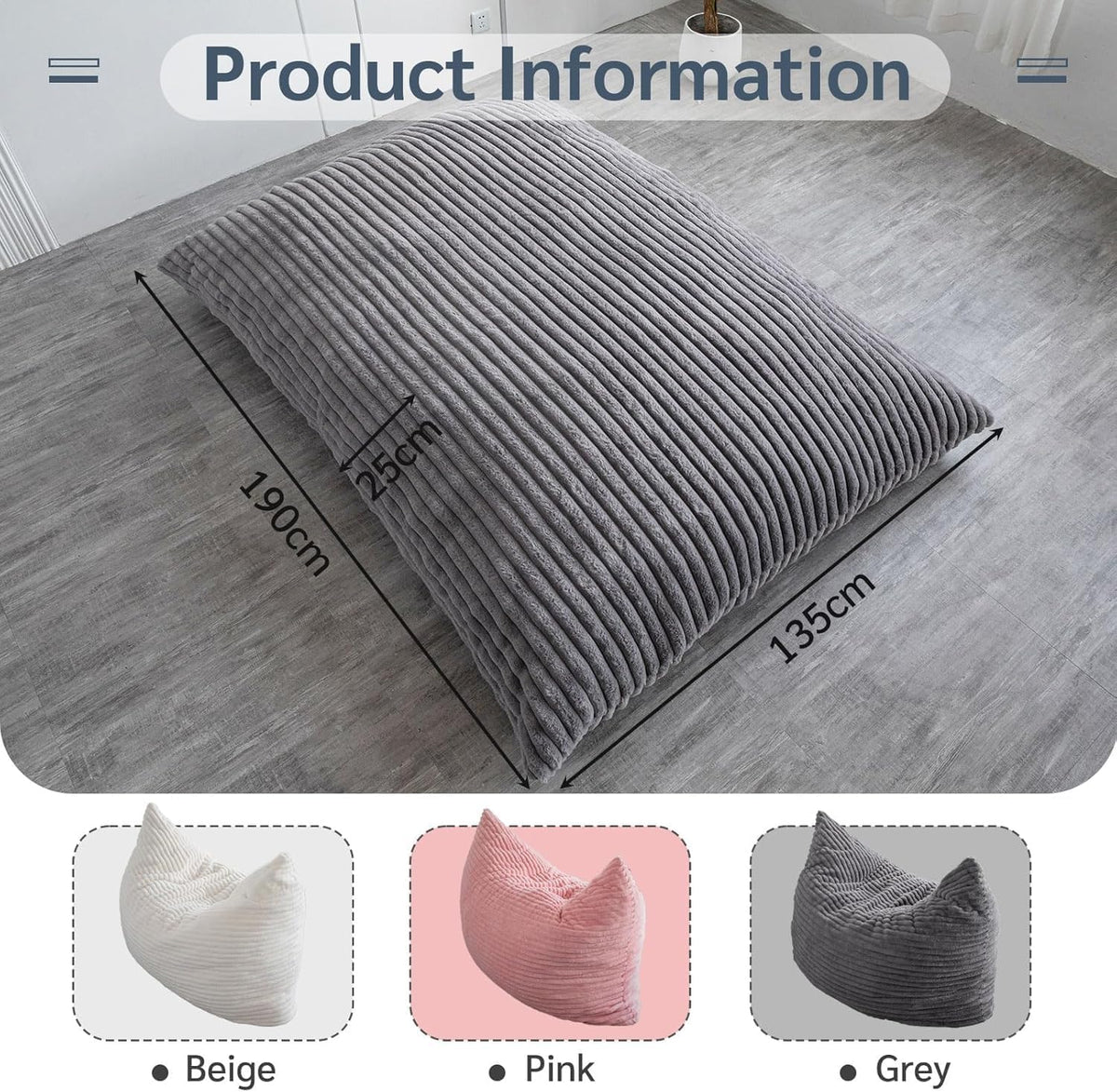 MAXYOYO Huge Bean Bag Bed, Square Bean Bag Chair, Large Sofa with Faux Fur Cover and Fluffy Filling for Adults Couples Guests (Corduroy Grey, 135x190cm)