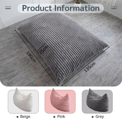MAXYOYO Huge Bean Bag Bed, Square Bean Bag Chair, Large Sofa with Faux Fur Cover and Fluffy Filling for Adults Couples Guests (Corduroy Grey, 135x190cm)
