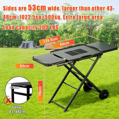 GFTIME Draagbare grillwagen voor Weber, Ninja, Ooni, Blackstone, Nexgrill, Traeger en de meeste draagbare barbecues en pizzaovens, outdoor grillwagen met wielen, zijtafels en houder voor papieren