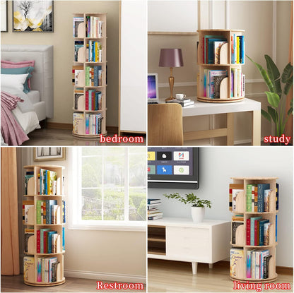 PTUWODS draaibare boekenplank, staand rek, 360 graden, opbergrek voor kinderen en volwassenen, multifunctioneel boekenrek van massief hout (4 planken)