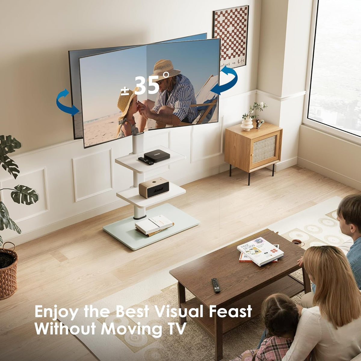 Tv-Vloerstandaard Wit – Tv Standaard – Tv Stand – Universele Tv Standaard – Vrijstaande Tv Standaard – Voor 32-60 Inch Tv met 3 Planken, Draaibaar Tot 70°