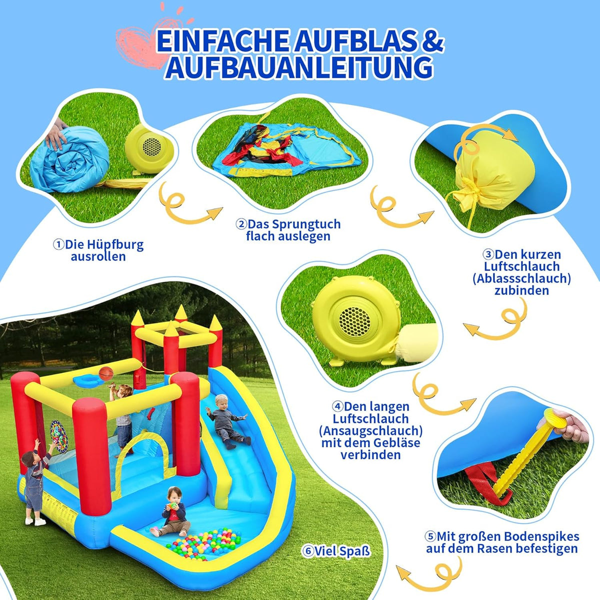 springkasteel voor kinderen met glijbaan en klimwand, opblaasbaar springkasteel met ingebouwde ventilator, binnen en buiten springmat voor kinderen Bouncy Castle 3-10 jaar 274 x 310 x 218