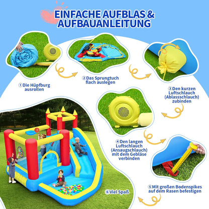 springkasteel voor kinderen met glijbaan en klimwand, opblaasbaar springkasteel met ingebouwde ventilator, binnen en buiten springmat voor kinderen Bouncy Castle 3-10 jaar 274 x 310 x 218