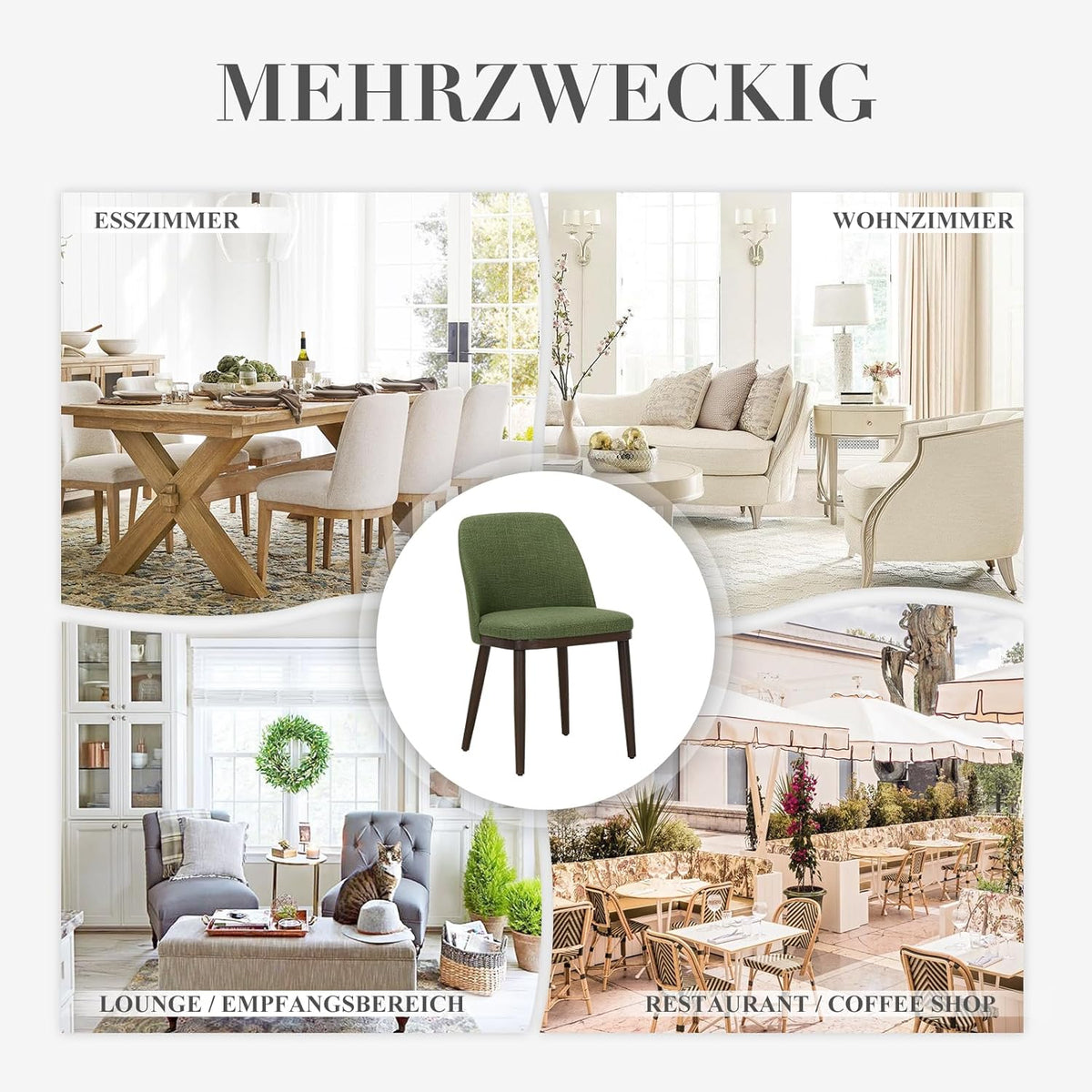COLAMY Gevoerde eetkamerstoelen, set van 2, moderne keukenstoelen met rugleuning, stoffen stoel met houten poten voor eetkamer, keuken, restaurant, groen