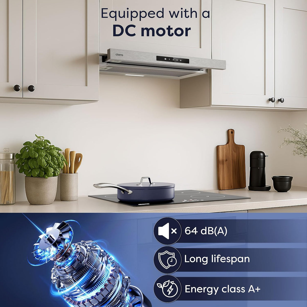CIARRA CBCS6909A A+ afzuigkap 60cm, 600 m³/h,3 standen, geïntegreerde platte afzuigkap, met CBCF055 actieve koolfilter, zilver - QUORE