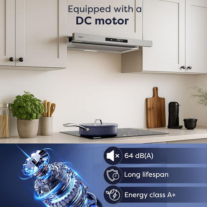 CIARRA CBCS6909A A+ afzuigkap 60cm, 600 m³/h,3 standen, geïntegreerde platte afzuigkap, met CBCF055 actieve koolfilter, zilver - QUORE