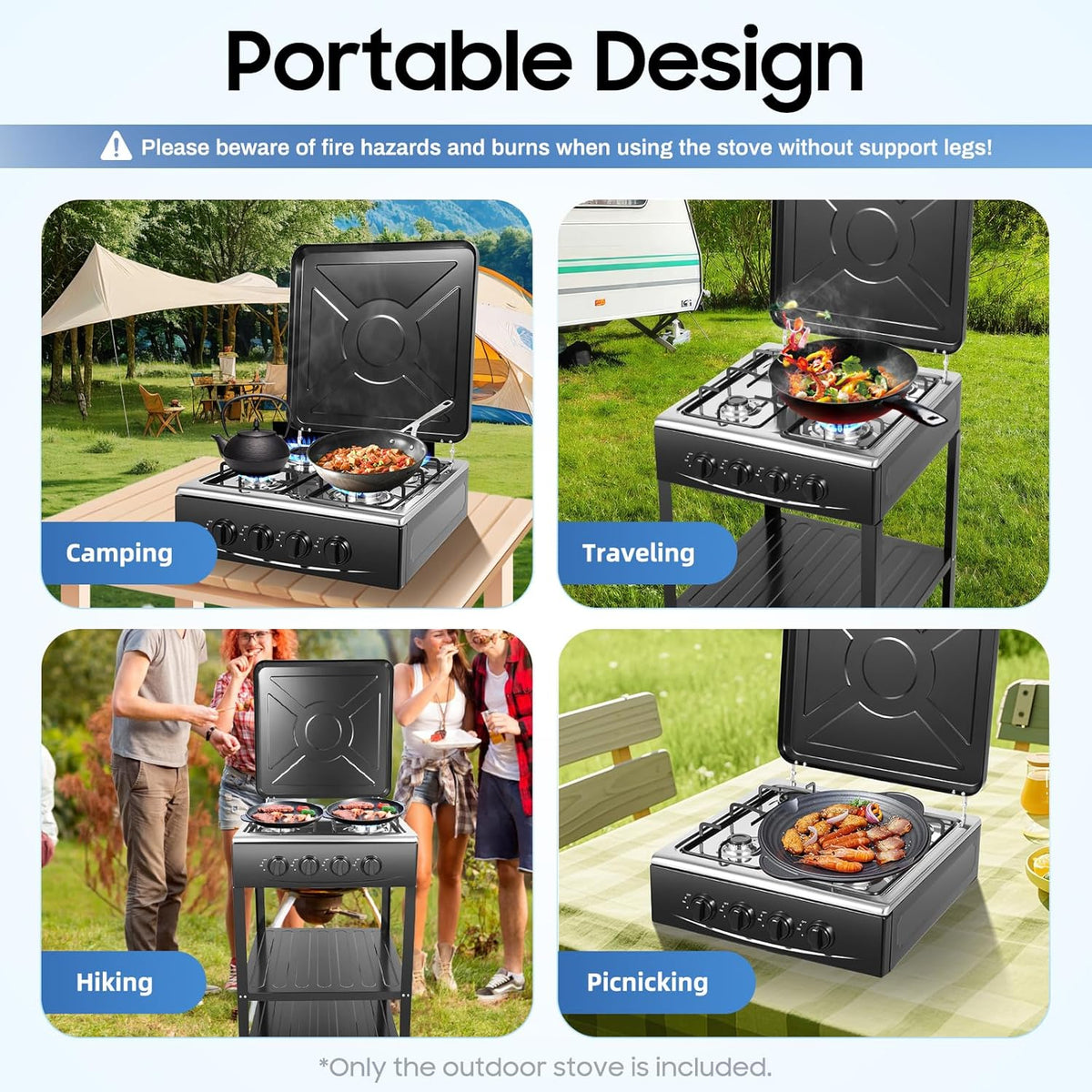 OUKANING 4-Flame Gas Stove Freestanding, Portable Outdoor / Indoor Gas Hob with Wind Protection and Dust Protection, Manual Flammable (Lpg/Ng), Non-Slip Feet and Heat Dissipation (Black) - QUORE