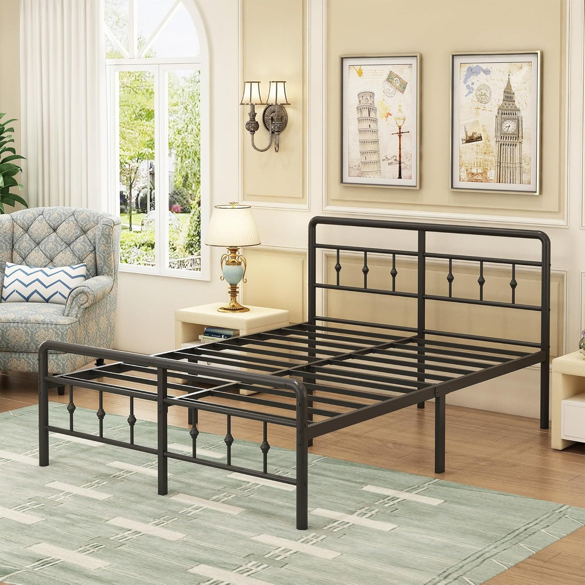 EMODA Metalen Bed Frame 160 x 200 cm met vintage style Hoofdeinde en Voetenbord, Heavy Duty Bedframe 36cm hoog met stalen lattenbodem, Eenvoudige montage, Geluidsvrij, Zwart