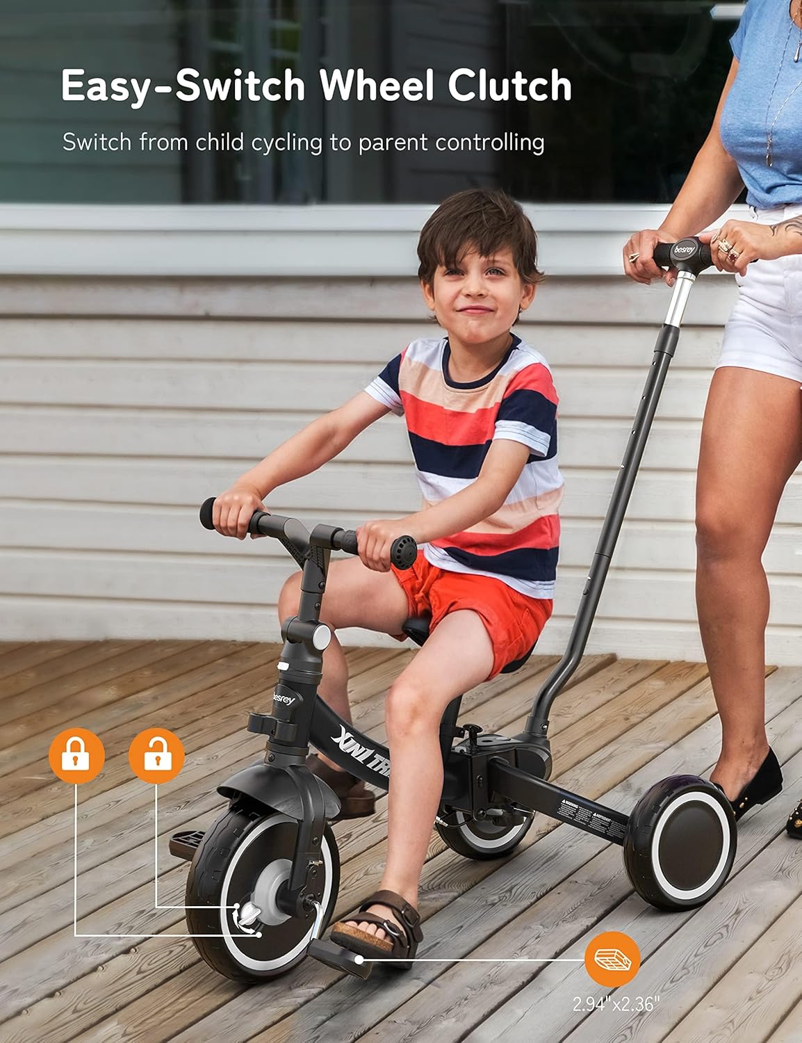 besrey 7-in-1 driewieler voor peuters met stuurgreep voor 1-5 jaar, opvouwbare wielen, peuterfiets met wielkoppeling, grotere wielen, afneembare pedalen, in hoogte verstelbare zitting, zwart
