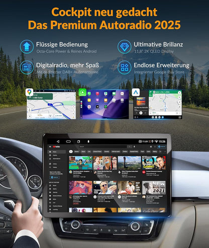 PORMIDO autoradio met scherm:11,8 inch 2K touchdisplay met DAB+ draadloze Apple CarPlay & Android Auto 1din radio 8-core 4GB+64GB Android 13 Navi WiFi Bluetooth achteruitrijcamera voor auto-upgrade