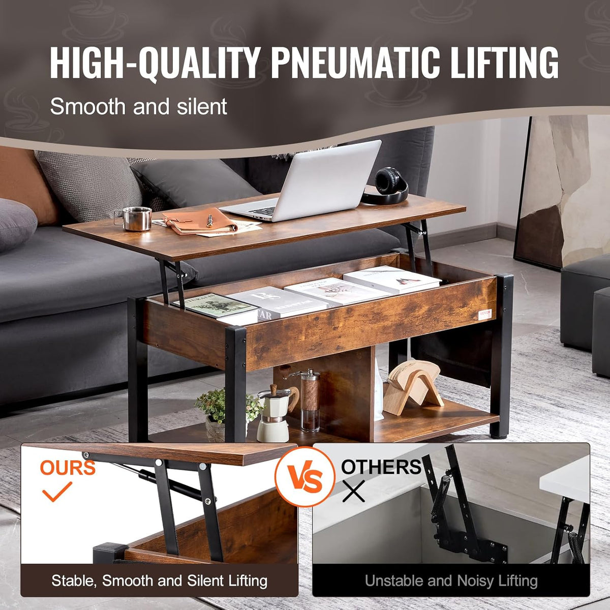 Koffietafel - Table - Coffe table - Living Room Table - Lift Top salontafel - tafel met extra opbergruimte - omklapbare salontafel voor de woonkamer - 41.7in - Bruin - 47.51lbs
