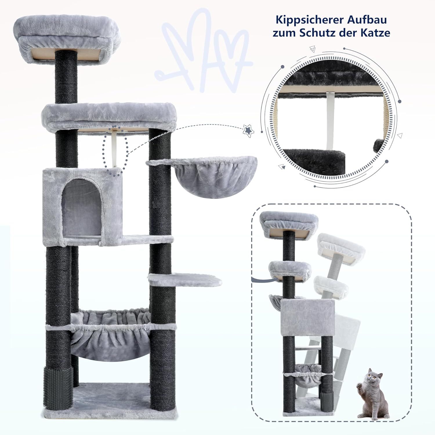 Hey-brother XXL Large Cat Tree for Maine Coon, 168 cm Cat Tree for Large Cats with Extra Large Hammock, Sisal Palissen (φ11 cm) and Climbing Rope, 2 Platforms, Hollow Basket, Light Grey EMPJ01W - QUORE