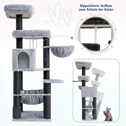 Hey-brother XXL Large Cat Tree for Maine Coon, 168 cm Cat Tree for Large Cats with Extra Large Hammock, Sisal Palissen (φ11 cm) and Climbing Rope, 2 Platforms, Hollow Basket, Light Grey EMPJ01W - QUORE