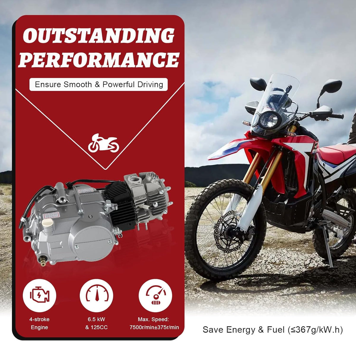 125cc engine 4-stroke engine 4-speed manual clutch motor pitbike engine CDI cylinder 125cc engine Dirt Bike Engine Kickstarter 125cc engine 9.0:1 compression ratio & PZ16J carburetor - QUORE