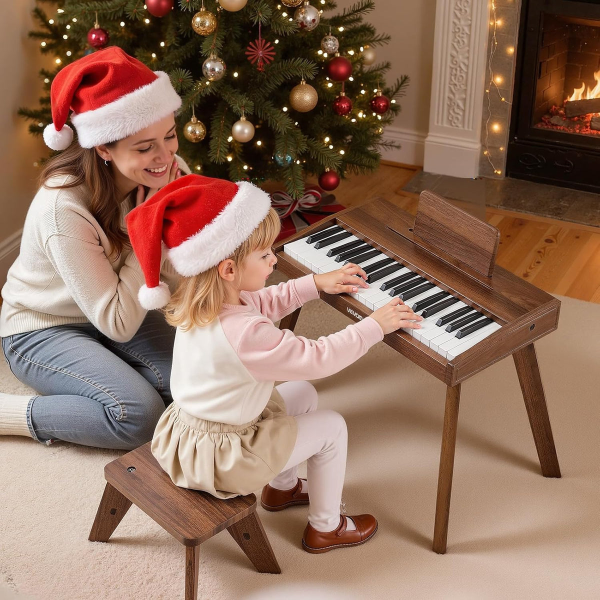Toetsenbord Voor Kinderen Walnoot – Kinderpiano – Speelgoedpiano – Houten Piano – Mini Piano – 37 Toetsen – USB-C En Batterijen