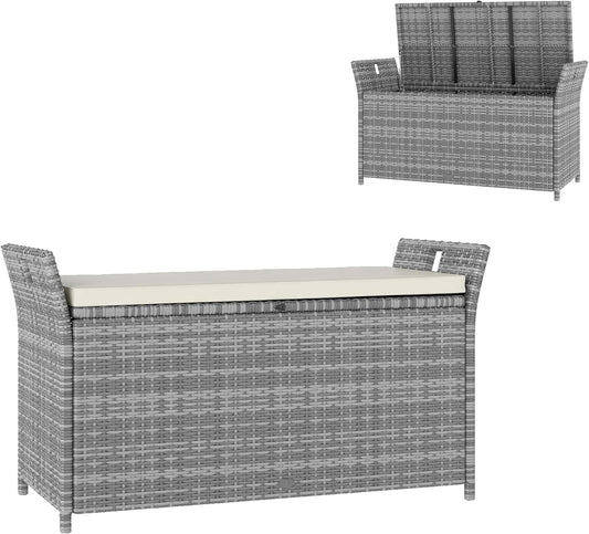 Outsunny Outdoor Storage Box Poly Rattan Storage Bench 250 L with Removable Cushion for Garden, Balcony, Patio, 125 x 55 x 70 cm, Cream and Grey - QUORE
