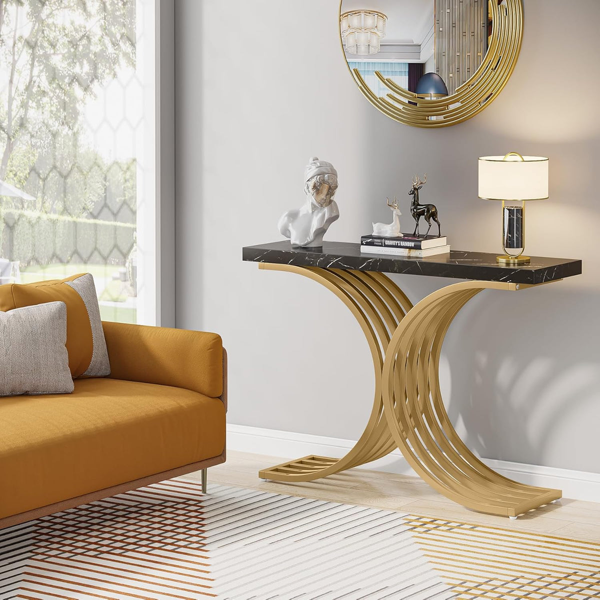 Tribesigns Narrow Console Table with Gold Metal Structure, 100 x 30 x 80 cm, Small Side Table for Hallway, Small Exhibition, for Sofa, Entrance and Living Room in Narrow Spaces