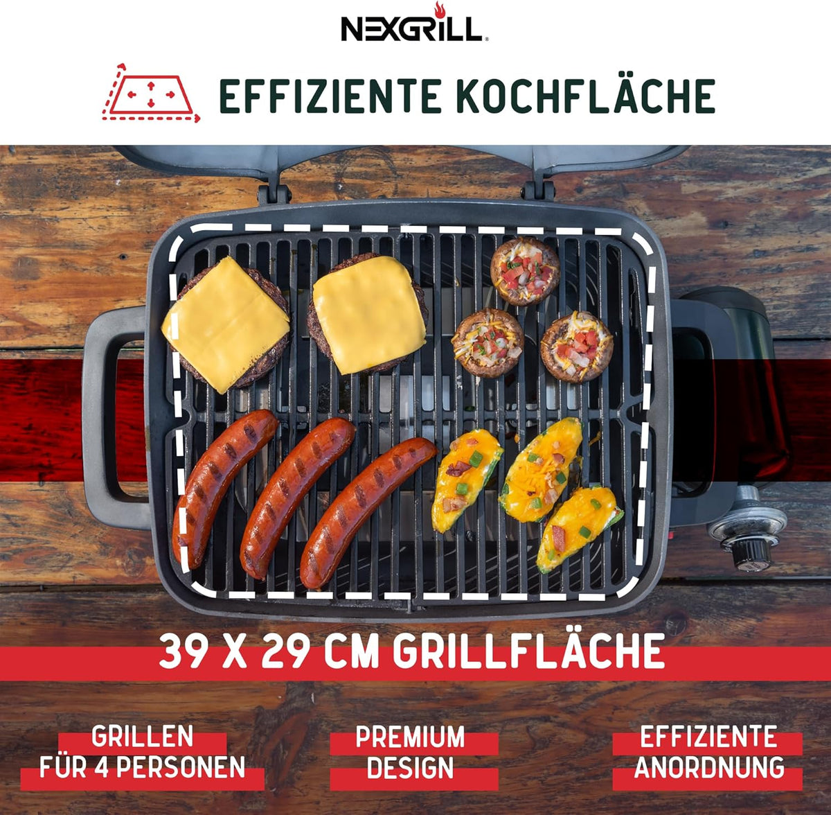 Nexgrill Gas Barbecue, Small and Portable, Up to 300 Degrees, Gas Table Barbecue for Balcony and Camping, Small Grill with Lid, Cast Iron Grate, 3.1 kW Stainless Steel Burner, Piezo Ignition - QUORE