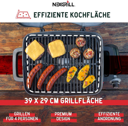 Nexgrill Gas Barbecue, Small and Portable, Up to 300 Degrees, Gas Table Barbecue for Balcony and Camping, Small Grill with Lid, Cast Iron Grate, 3.1 kW Stainless Steel Burner, Piezo Ignition - QUORE