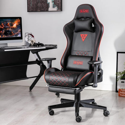 S*MAX Gamingstoel met voetensteun, verdikte zitting, gamestoel met 3D-armleuning en lendensteun, van PU-leer, pc-stoel, videospelstoelen met hoge rugleuning, voor volwassenen, zwart