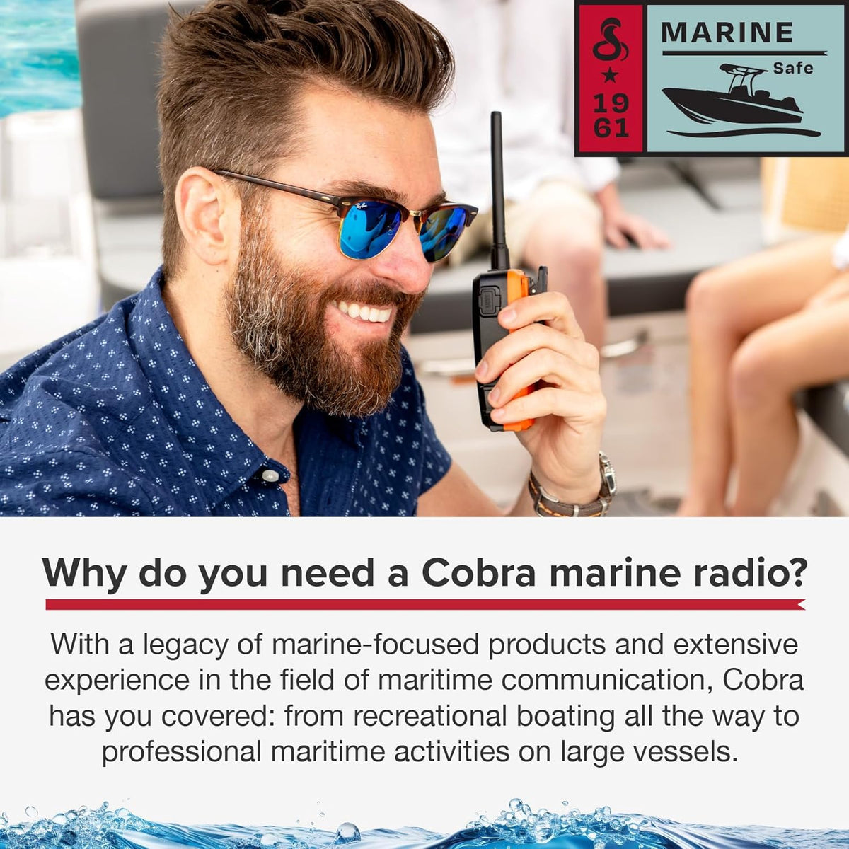 Cobra BlueBound 150 Handheld VHF Marine Radio - 3 watt, drijvend, IPX7 waterdicht, dompelbaar, lcd-display, geheugenscan, riemclip, zwart