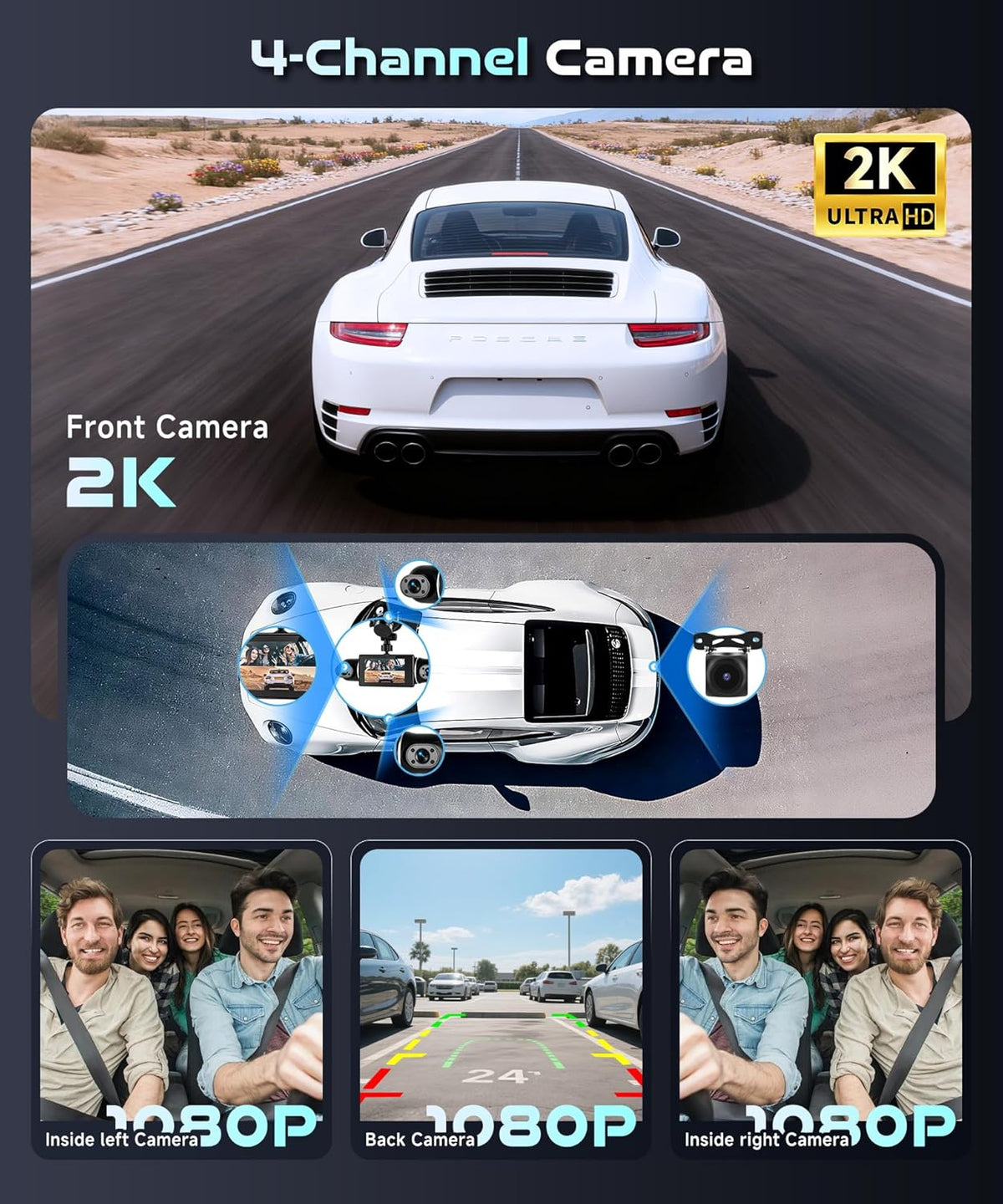 Dashcam – Autocamera – Auto Camera – 4-Kanaals Dashcam – Voor En Achter – 360° Zicht Rondom – 2K + 3x 1080p, Wifi En G-Sensor