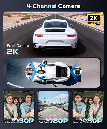 Dashcam – Autocamera – Auto Camera – 4-Kanaals Dashcam – Voor En Achter – 360° Zicht Rondom – 2K + 3x 1080p, Wifi En G-Sensor