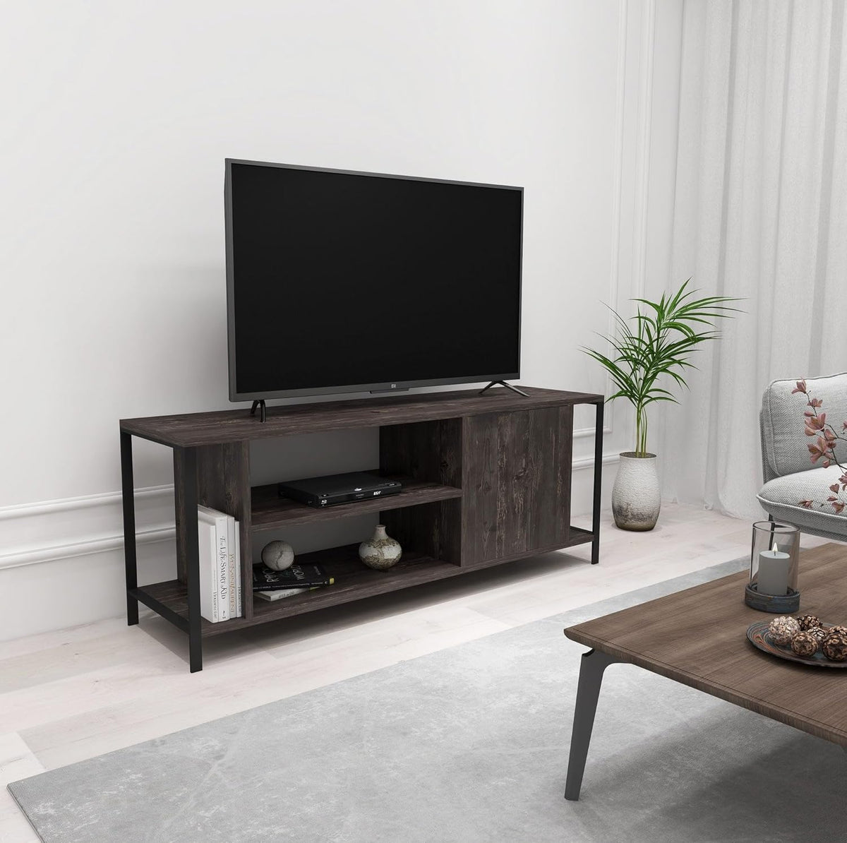 Hanah Home Industriële tv-standaard, donkerbruin en zwart, 120 cm x 48 cm x 35 cm, 100% melamine gecoat particle board, 18 mm dik, stijlvol en functioneel met cijferplanken