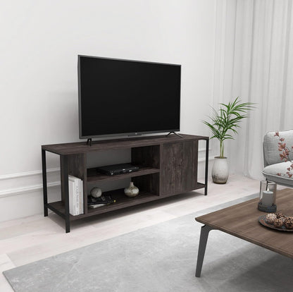 Hanah Home Industriële tv-standaard, donkerbruin en zwart, 120 cm x 48 cm x 35 cm, 100% melamine gecoat particle board, 18 mm dik, stijlvol en functioneel met cijferplanken