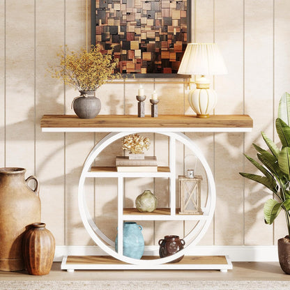 Tribesigns Console Table 105cm with 4 Levels, Narrow Industrial Sofa Table with Round Metal Frame, Wooden Entrance Table with Storage Racks for Living Room (Brown-White)