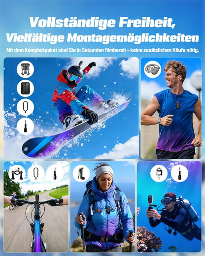 Actioncamera 4K met 64 GB SD, BodyCam-lichaamscamera Mini magnetische handsfree POV-camera met 360° draaibare clip, 30 m waterdichte behuizing voor skiën, helmcamera, vlog