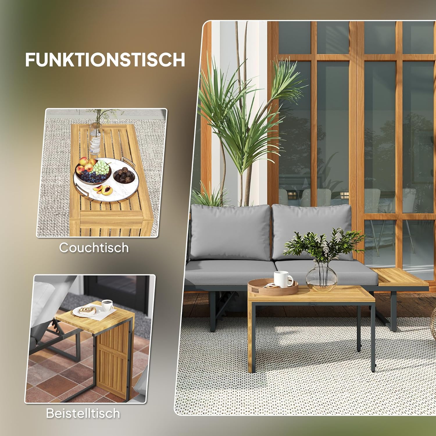 Outsunny Akazienholz Gartenmöbel Set 6 Persons L-Förmig Gartenlounge mit Eckbank verstellbar Rückenlehne Beistelltisch Kissen Balkonmöbel-Set Outdoor Sitzgruppe für Garten Terrasse Balcony Hellgrau - QUORE