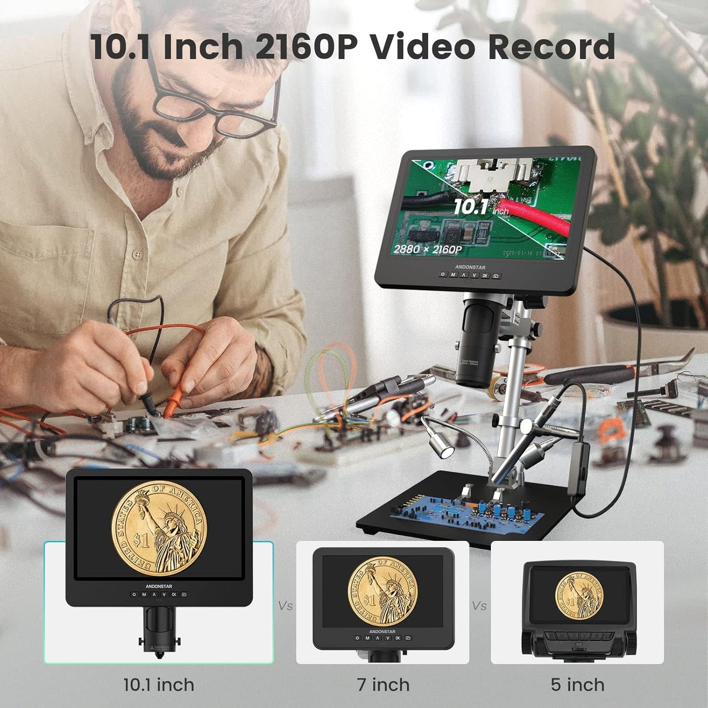 Andonstar AD249S-M 3 Lens HDMI Digitale Microscoop met Endoscoop, 2160P UHD Video Record, 10.1 Inch LCD, Solderen & Coin Biologische Microscoop, Windows Compatibel