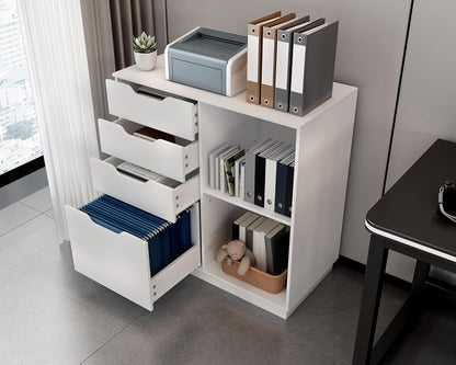 EasyPAG Houten zijarchiefkast met 4 laden, A4-formaat formaat hangmap, archiefkast, printerstandaard met open opbergplank voor kantoor en thuis, wit